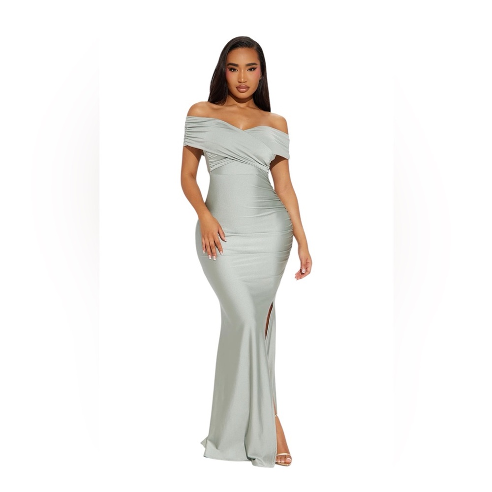 Silver Ruched Wrap Gown with Cowl Neck